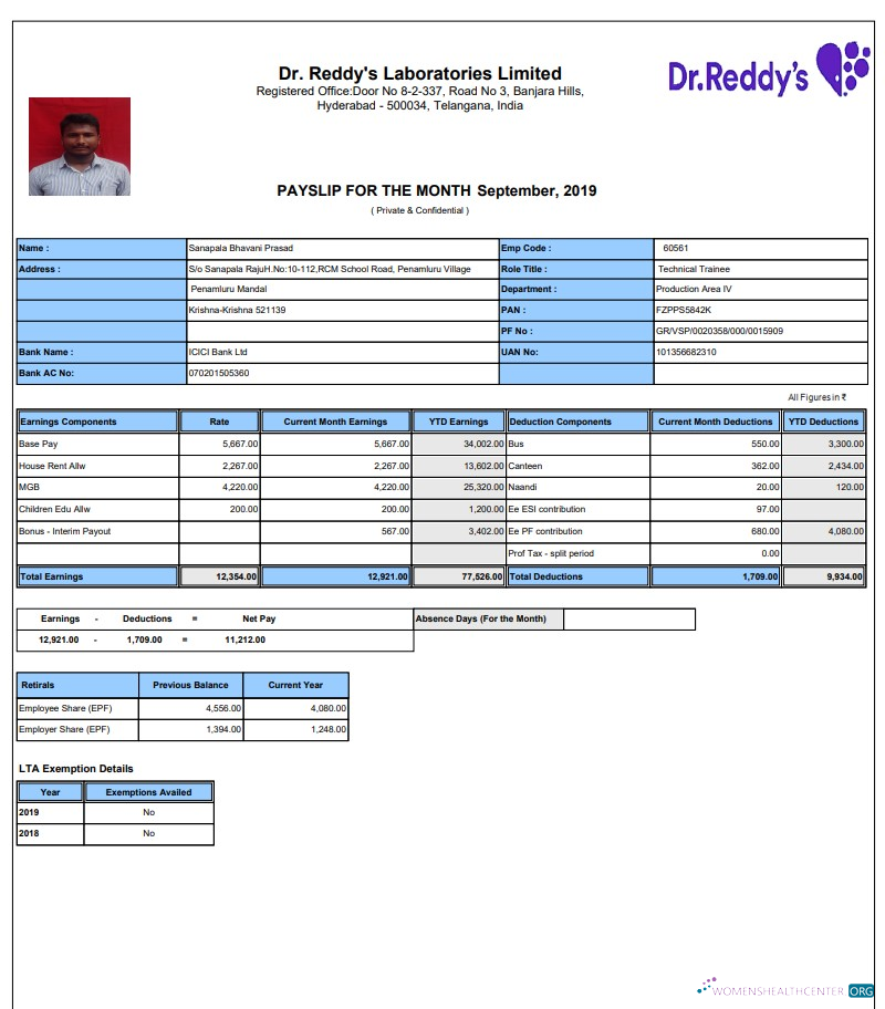 Download Dr. Reddy's Laboratories Limited pay stub in PDF and Word format Photoshop template